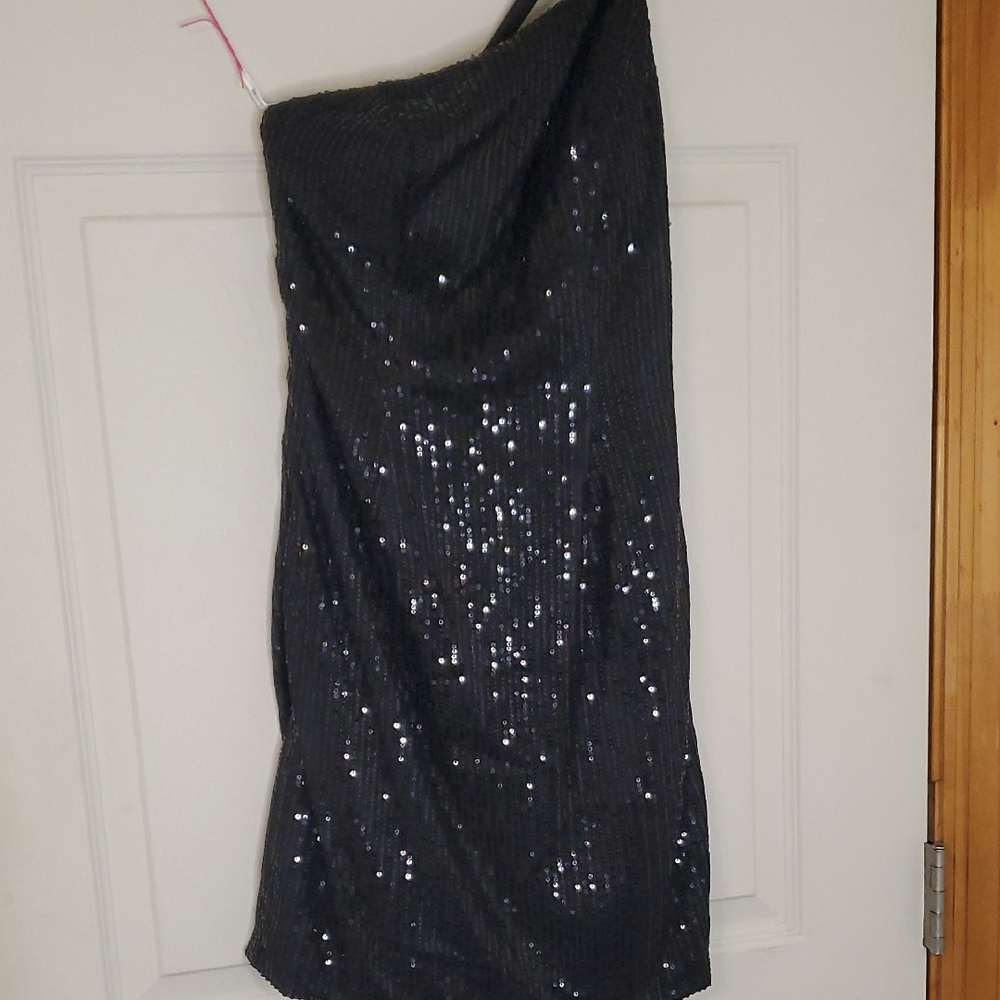 Black Sequin Embellished One Shoulder Dress